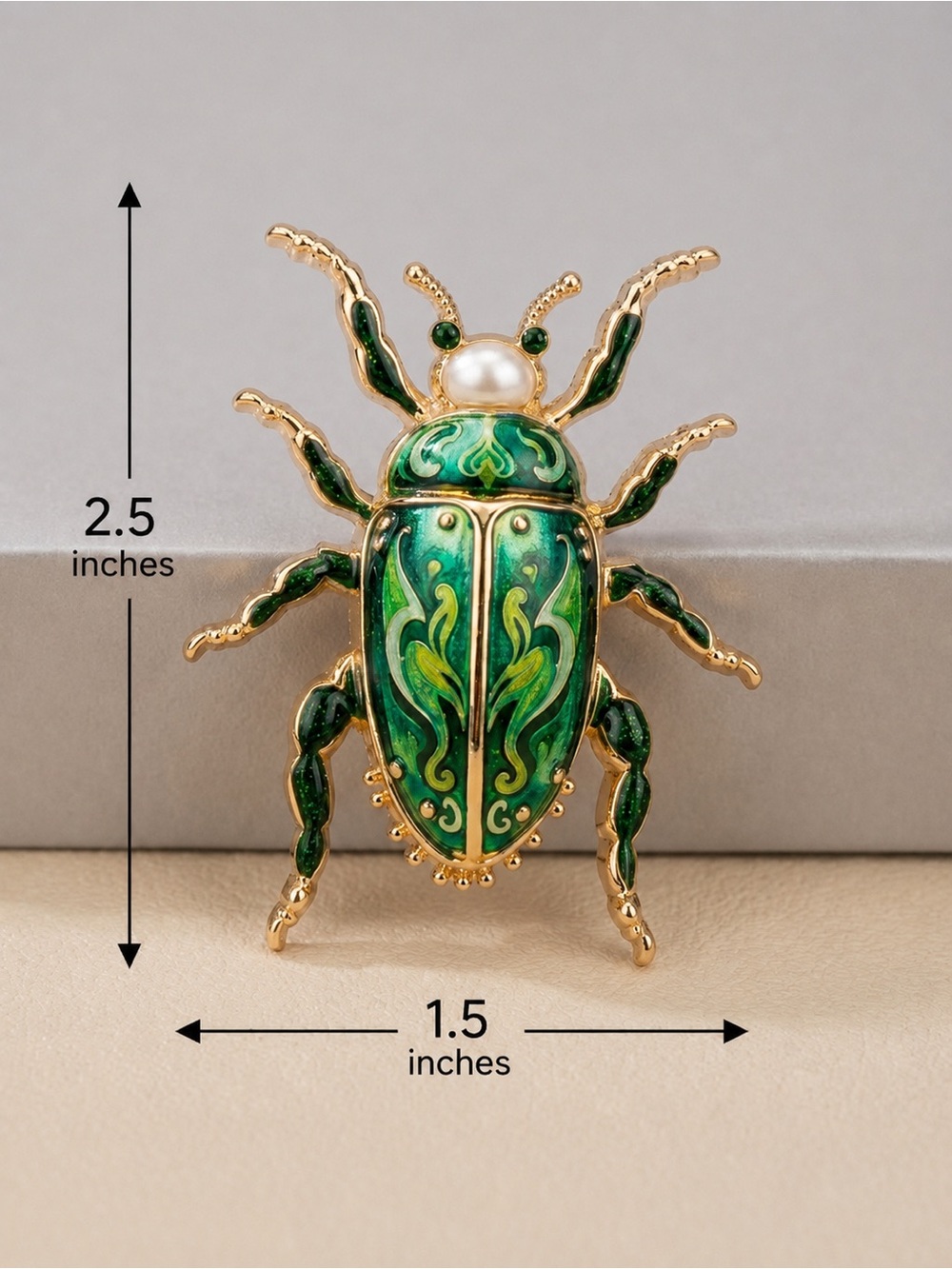 Green Enamel Beetle Brooch gold tone backing